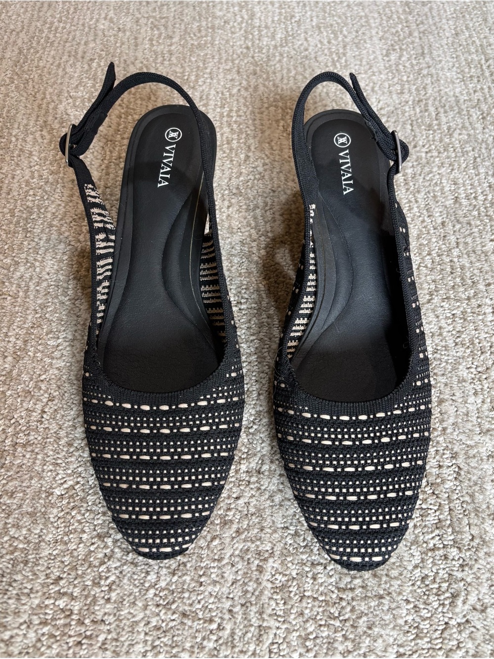 VIVAIA “Tamia” Black Knit black/white Slingback Wedges — Pointed-Toe size 42